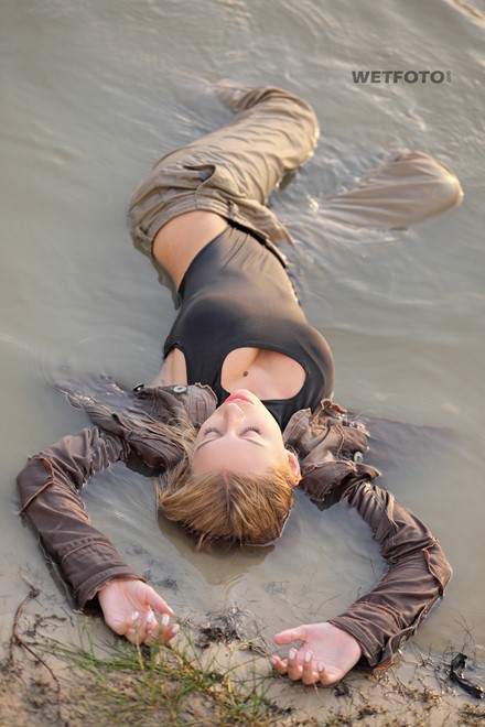 wet girl wet hair get wet denim jacket stockings high heels water lake