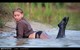 wet girl wet hair get wet denim jacket stockings high heels water lake