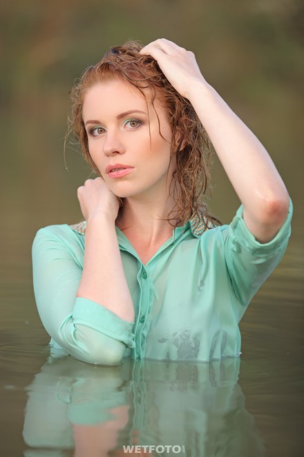 wet girl wet hair get wet blouse leggings high heels swim fully clothed water lake