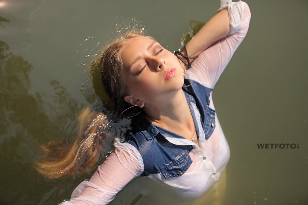wet girl wet hair get wet denim jacket short tights sneakers