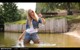 wet girl wet hair get wet denim jacket short tights sneakers