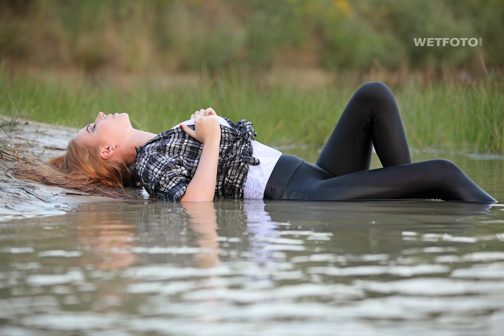 wet girl wet hair get wet shirt leggings high heels