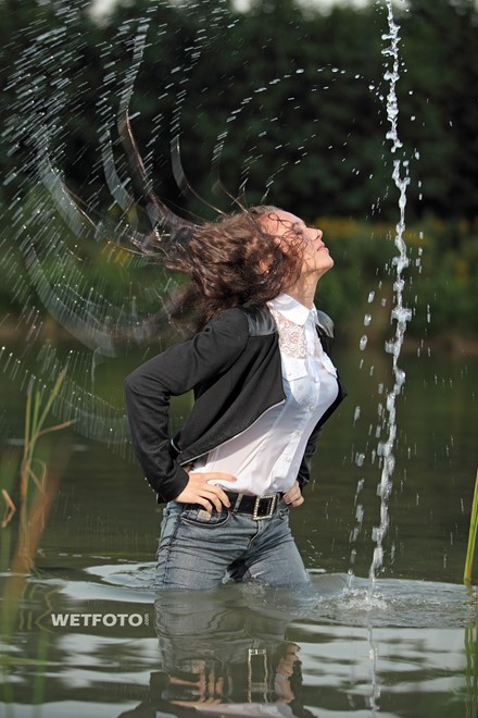 wet girl wet hair get wet jacket jeans shirt high heels