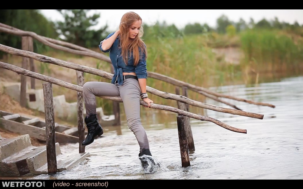 wet girl wet hair get wet denim shirt tight pants boots
