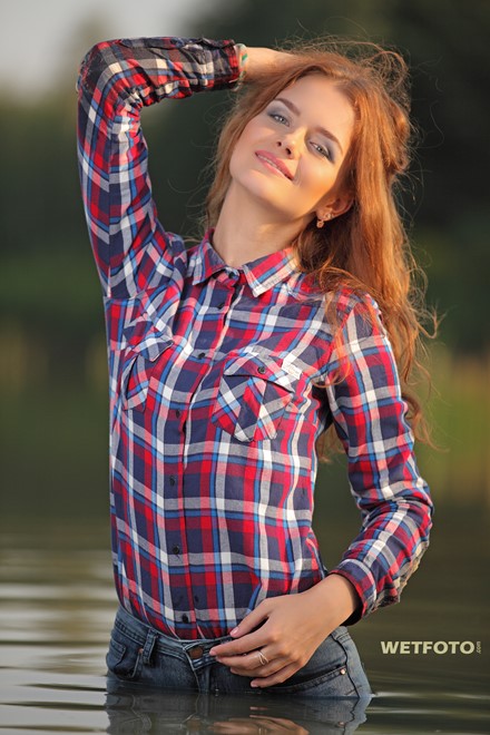 wet girl wet hair get wet swim fully clothed shirt jeans sneakers lake