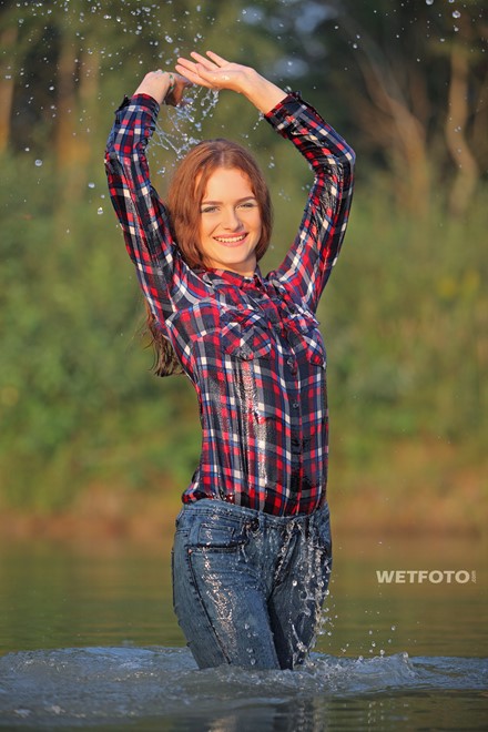 wet girl wet hair get wet swim fully clothed shirt jeans sneakers lake