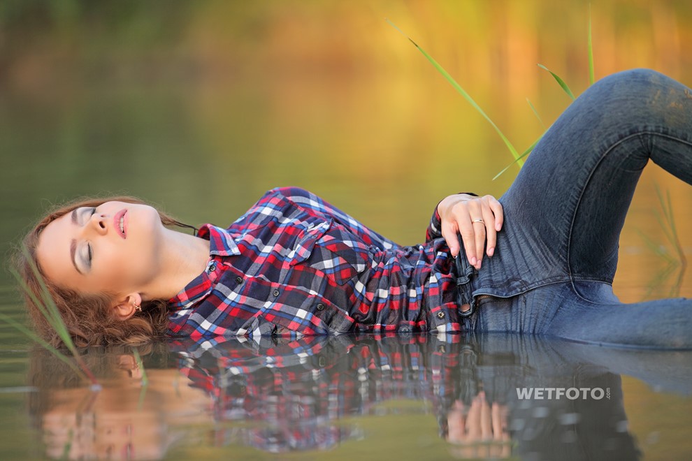 wet girl wet hair get wet swim fully clothed shirt jeans sneakers lake