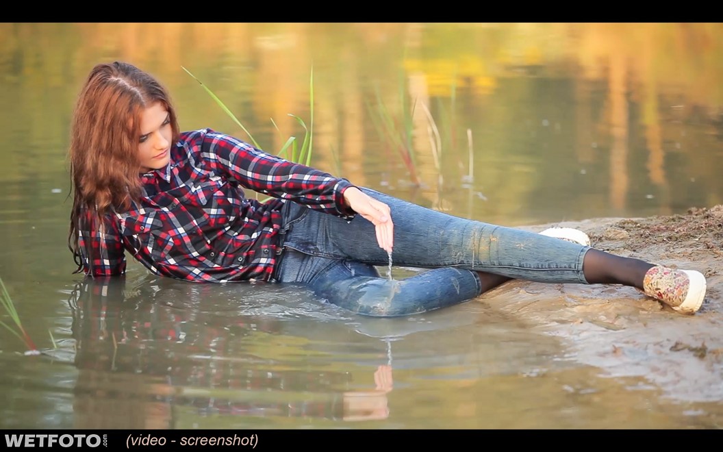 wet girl wet hair get wet swim fully clothed shirt jeans sneakers lake