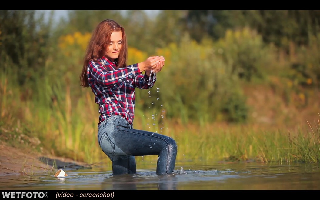 wet girl wet hair get wet swim fully clothed shirt jeans sneakers lake