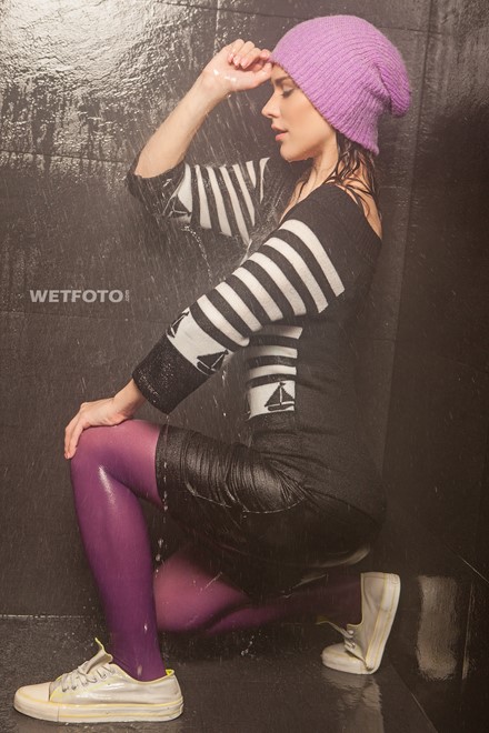 wet girl wet hair get wet blouse mini skirt swimsuit tights sneakers fully soaked spa