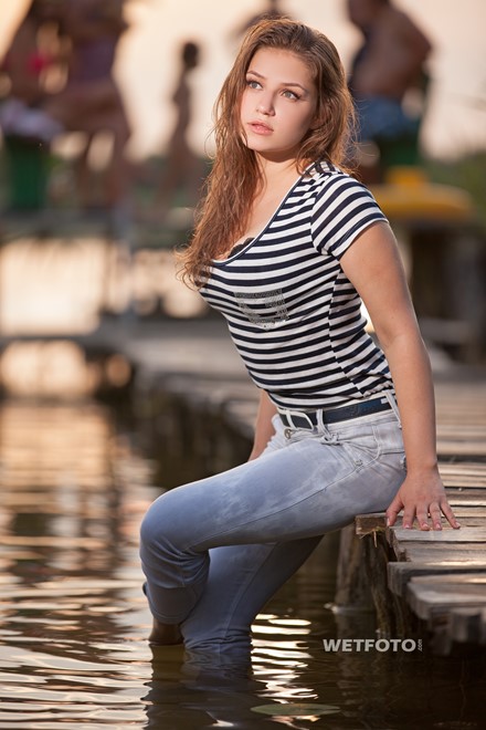 wet girl wet hair get wet t-shirt tight jeans tights swim fully clothed lake