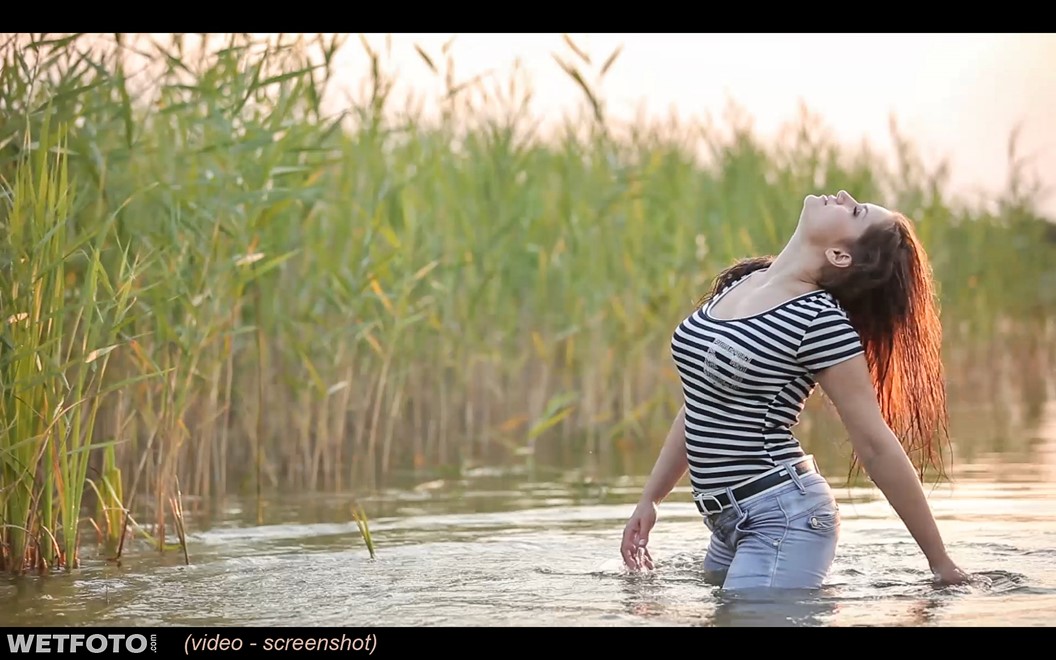 wet girl wet hair get wet t-shirt tight jeans tights swim fully clothed lake