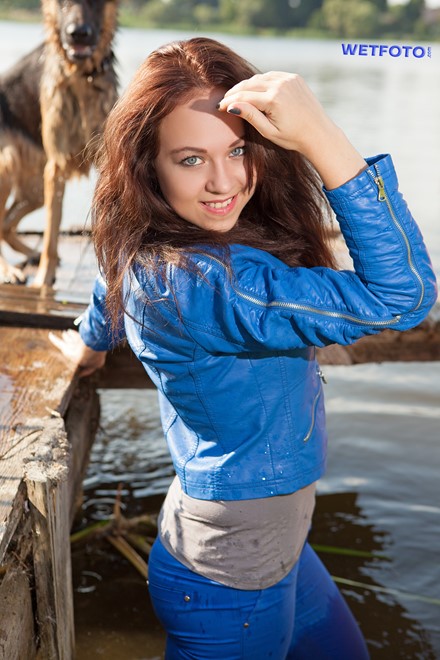 wet girl wet hair get wet leather jacket t-shirt tight pants tights swim fully clothed fully soaked lake
