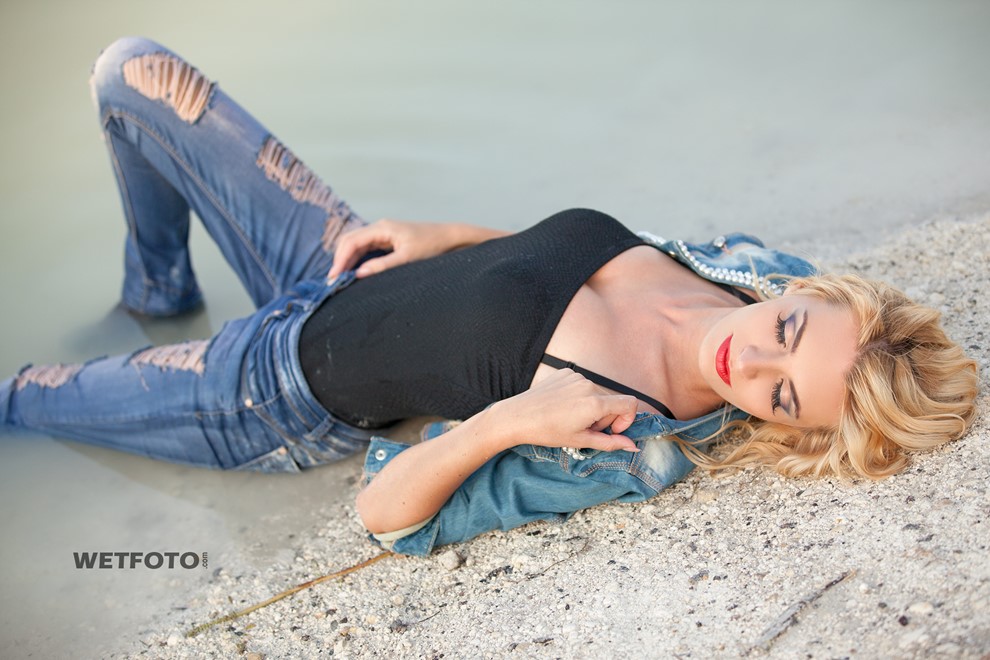 wet girl wet hair get wet denim jacket tight jeans swimsuit swim fully clothed fully soaked lake