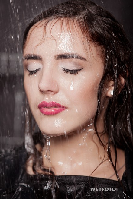 wet girl wet hair get wet leather jacket mini skirt sexy stockings fully soaked swim fully clothed pool