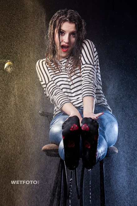 wet girl wet hair get wet striped sweater high-waisted jeans high heels fully soaked hose