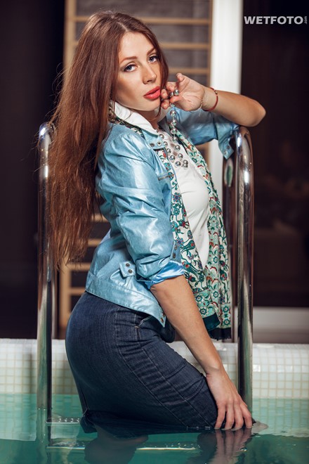 wet woman wet hair get wet jacket blouse denim skirt stockings dress shoes fully soaked spa