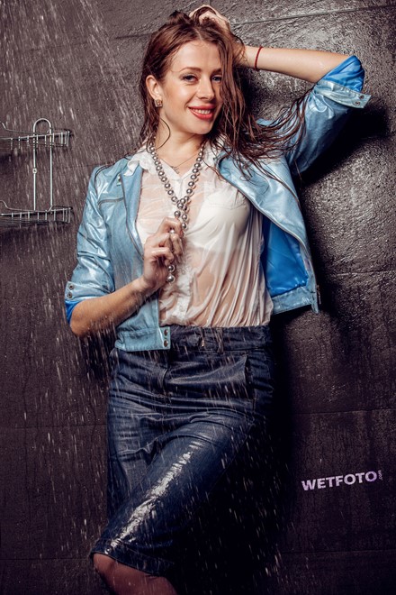 wet woman wet hair get wet jacket blouse denim skirt stockings dress shoes fully soaked spa