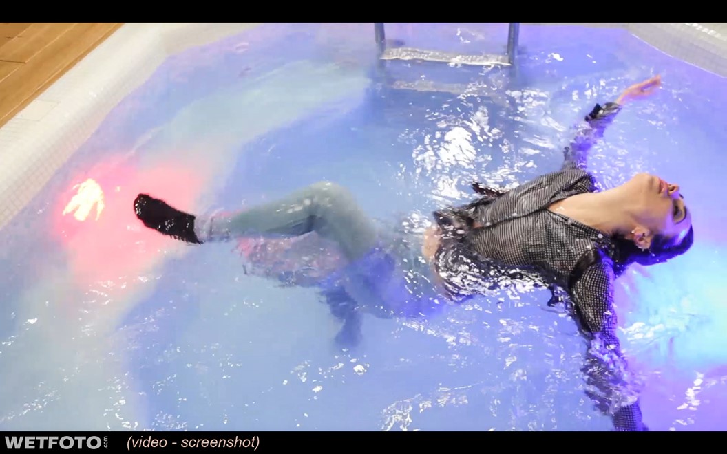 wet girl wet hair get wet coat shirt skinny jeans socks high heels fully soaked spa