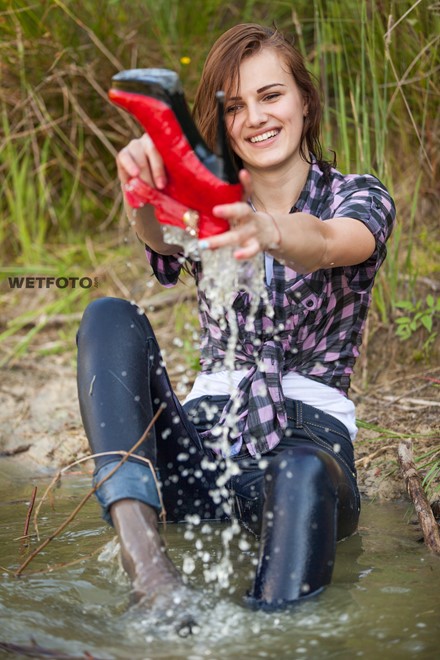 wet girl wet hair get wet checkered shirt t-shirt tight jeans boots high heels lake