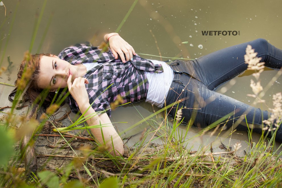 wet girl wet hair get wet checkered shirt t-shirt tight jeans boots high heels lake