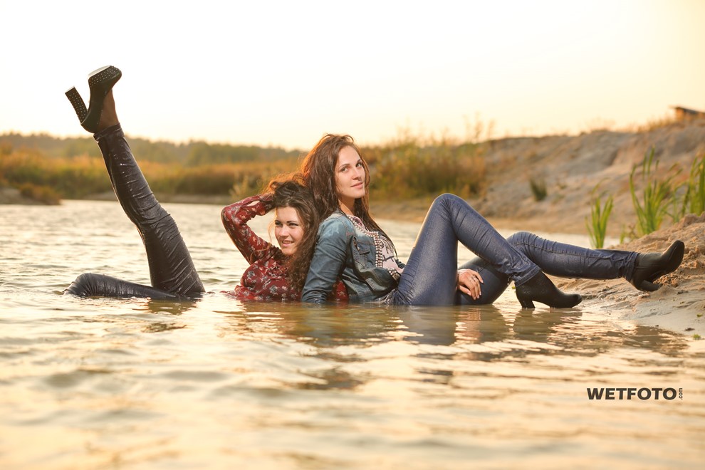 wet girl wet hair get wet tight jeans high heels fully soaked swim fully clothed lake
