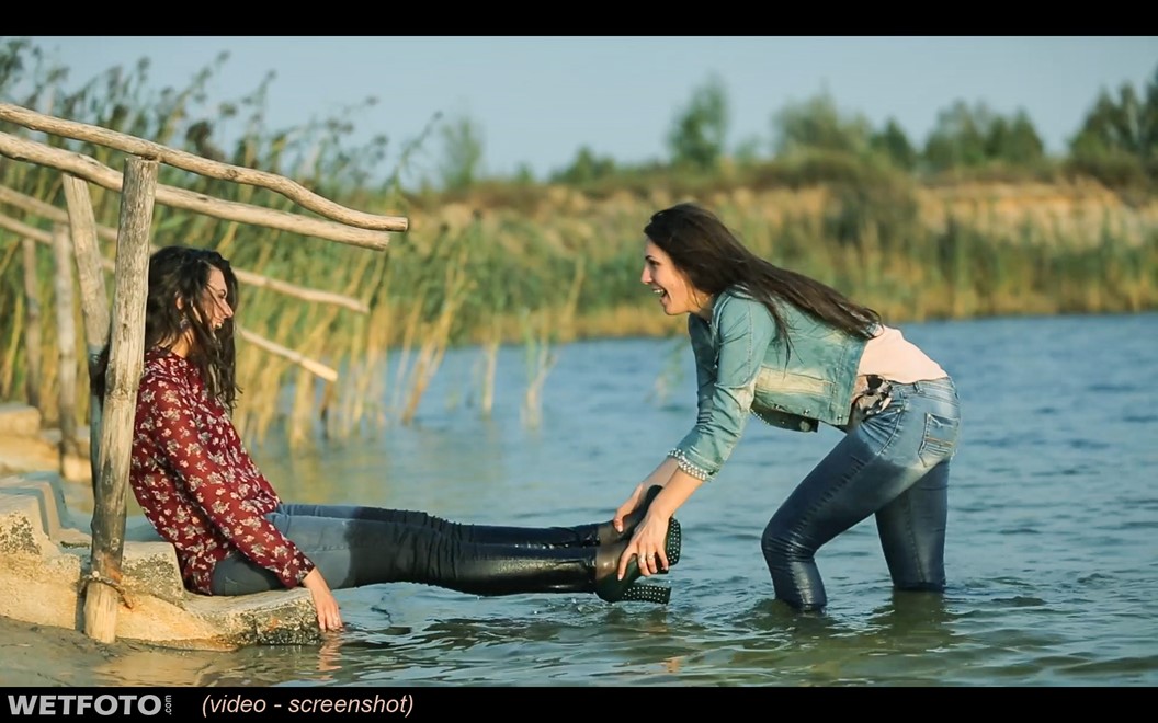 wet girl wet hair get wet tight jeans high heels fully soaked swim fully clothed lake