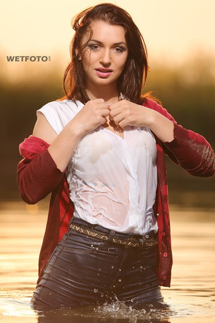 wet girl wet hair get wet cardigan blouse sneakers fully soaked swim fully clothed lake