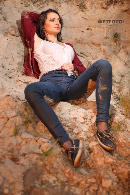 wet girl wet hair get wet cardigan blouse sneakers fully soaked swim fully clothed lake