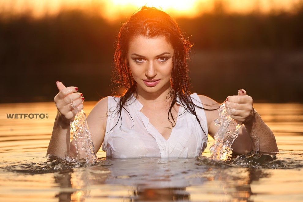 wet girl wet hair get wet cardigan blouse sneakers fully soaked swim fully clothed lake