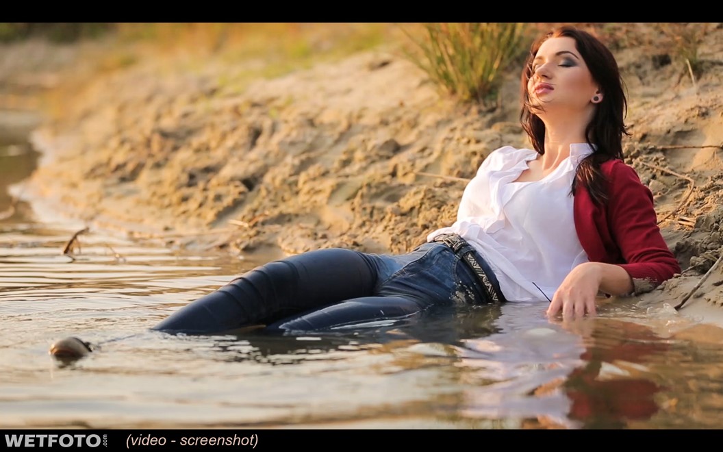 wet girl wet hair get wet cardigan blouse sneakers fully soaked swim fully clothed lake