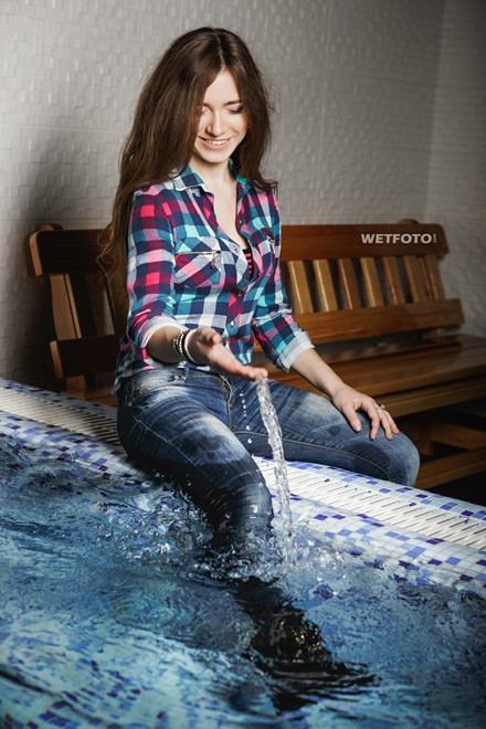 wet girl brunette wet hair get wet soaked fully clothed swim tight jeans tights bodysuit shirt jacket boots jacuzzi