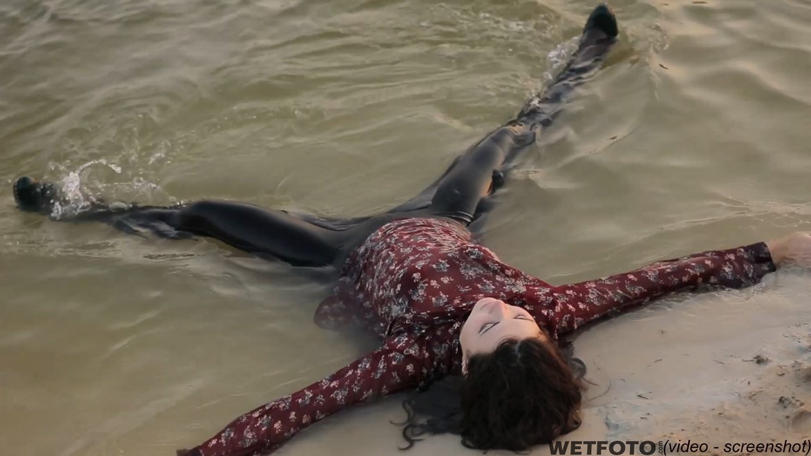 wet girl fully clothed wet hair get wet soaking wet blouse leggings tights high heels lake