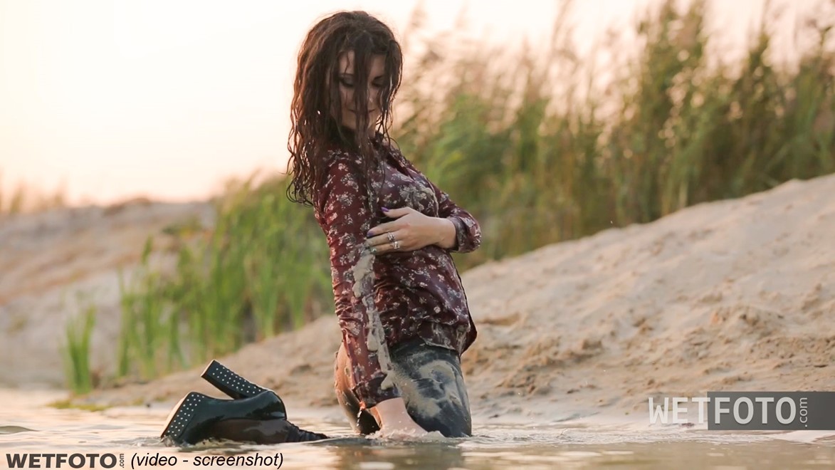 wet girl fully clothed wet hair get wet soaking wet blouse leggings tights high heels lake