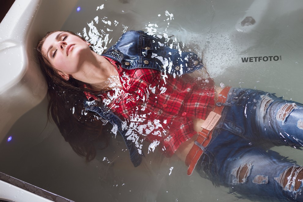 wet girl fully clothed wet get wet soaking wet denim jacket shirt jeans stockings jacuzzi