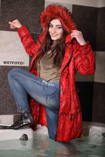 wet girl fully clothed get wet soaking wet blouse anorak tight jeans tights jacuzzi