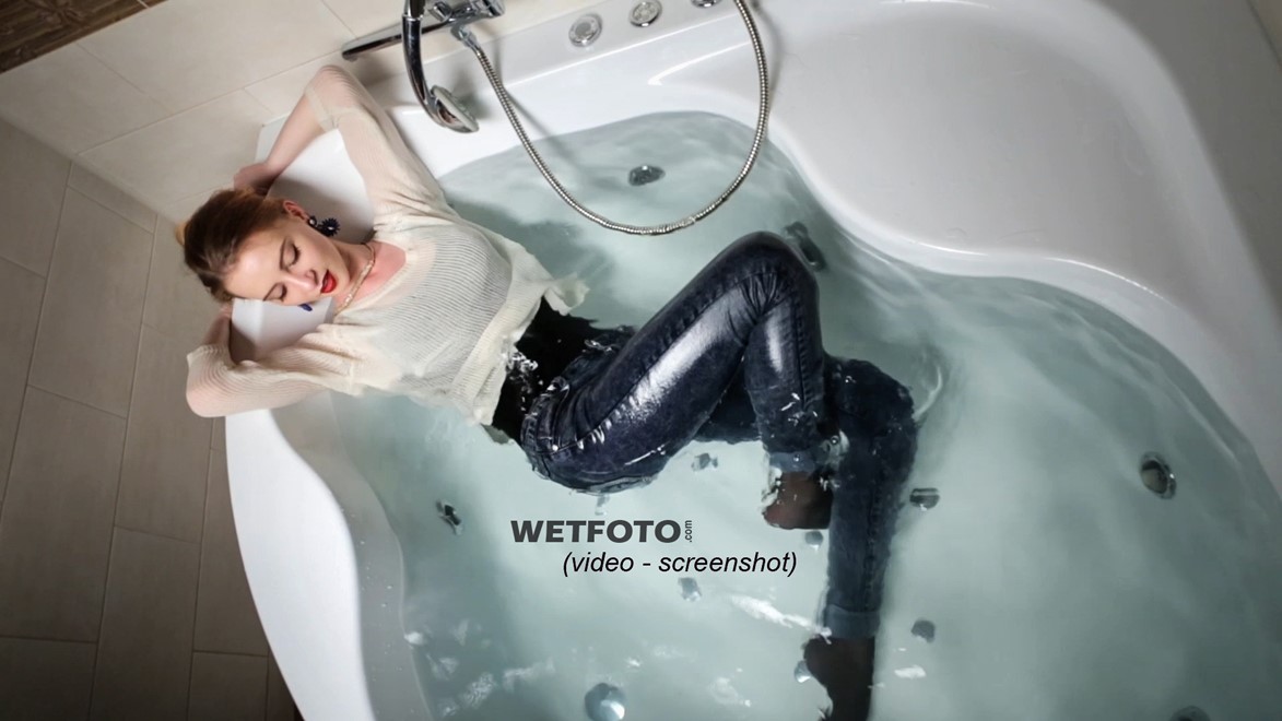 wet girl wet hair get wet fully clothed sweater shirt tights tight jeans high heels jacuzzi shower