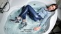 wet girl wet hair get wet fully clothed tights denim shirt tight jeans sneakers shower jacuzzi