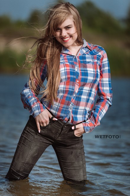 wet girl soaked get wet swimming fully clothed tights shirt tight jeans lake
