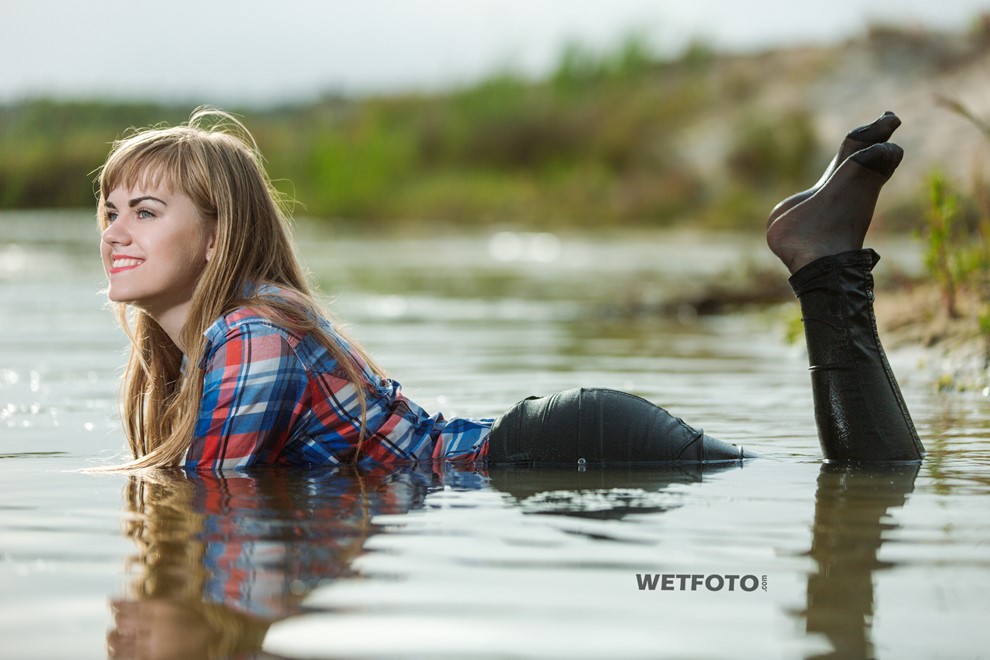 wet girl soaked get wet swimming fully clothed tights shirt tight jeans lake