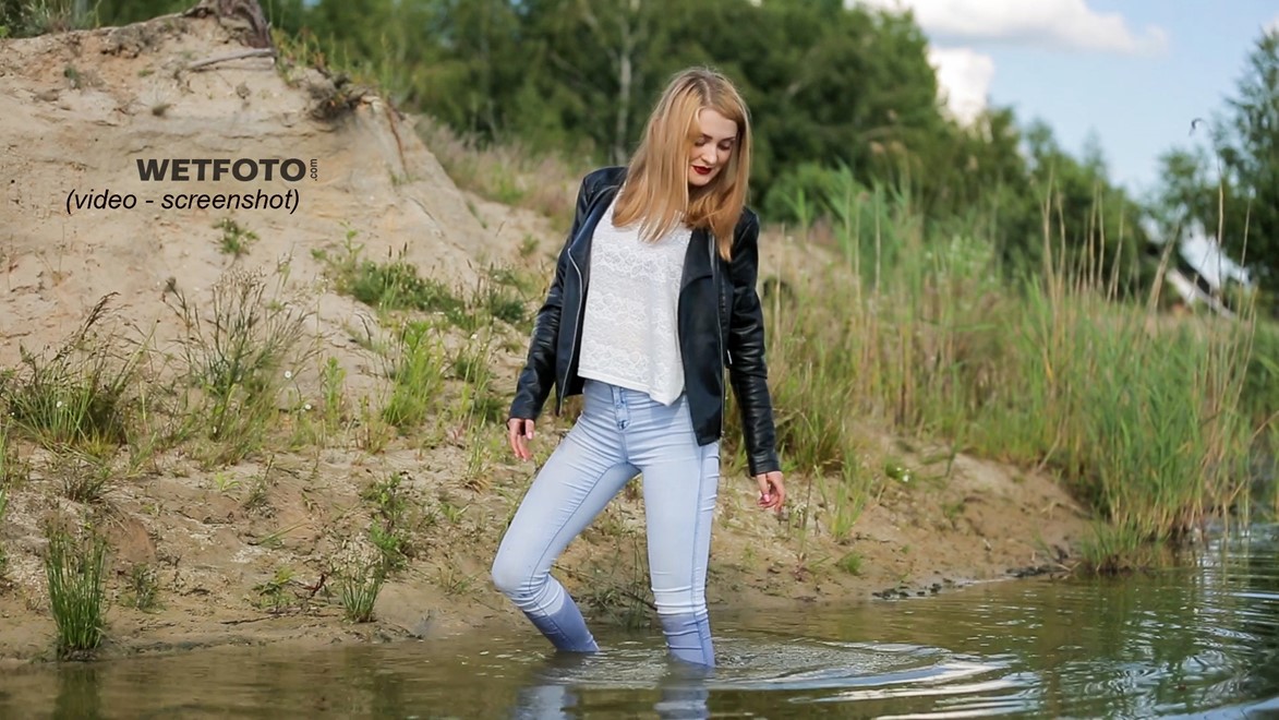 wet girl wet hair get wet swimming fully clothed tights leather jacket skinny jeans lake