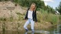 wet girl wet hair get wet swimming fully clothed tights leather jacket skinny jeans lake
