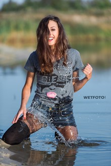 #386 - Swimming by Pretty Girl in Denim Shorts, Sexy Stockings and Sneakers on Lake