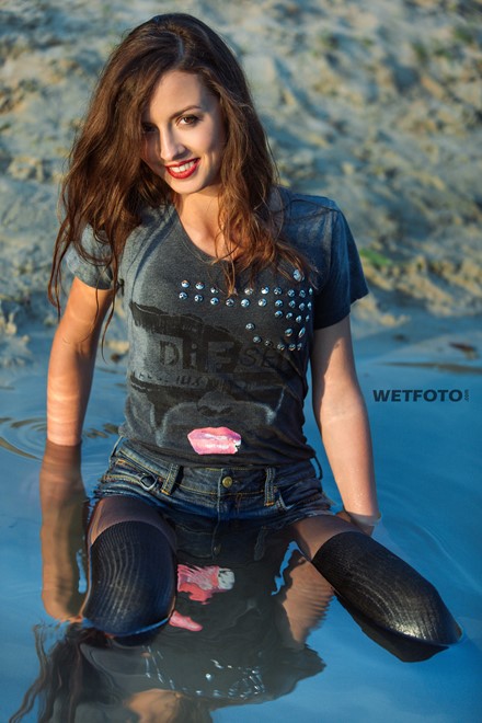 wet girl get wet water t-shirt denim shorts stockings sneakers wet hair soaked