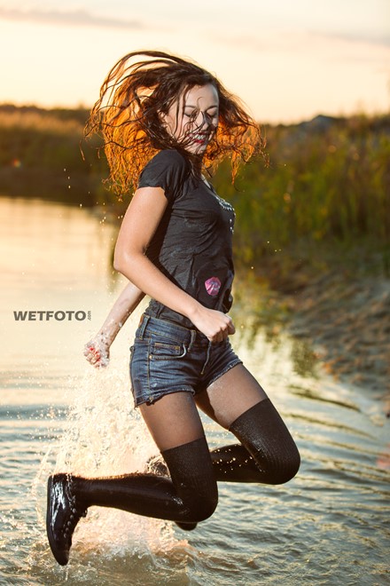wet girl get wet water t-shirt denim shorts stockings sneakers wet hair soaked