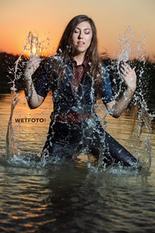 #389 - Swimming by Beautiful Girl in Soaking Wet Denim Jacket, Skinny Jeans and Shoes