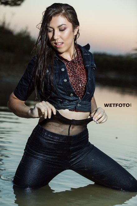 wet girl get wet photo soaked swim clothes skinny jeans jacket blouse high heel shoes lake