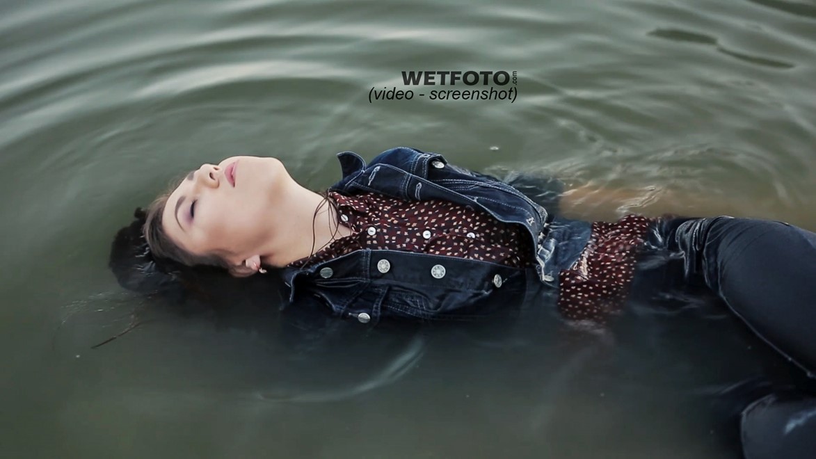 wet girl get wet photo soaked swim clothes skinny jeans jacket blouse high heel shoes lake