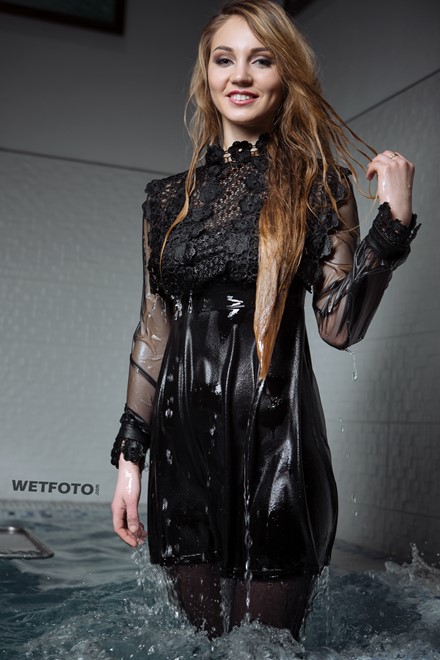 wetfoto beautiful girl get wet clothes black dress pantyhose pool