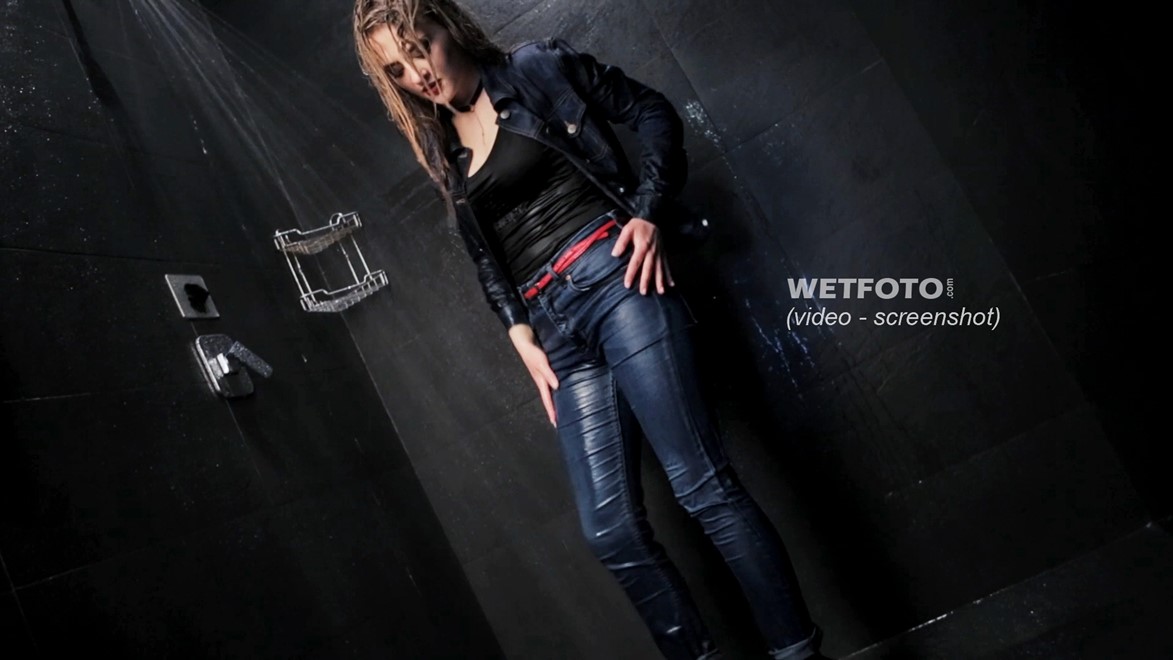 wet girl fully clothed tight jeans shirt jacket high heels shoes stockings swimsuit water wet hair shower